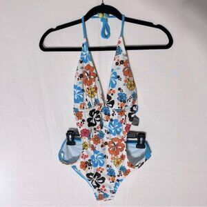 5/$25 Women’s White Blue Orange Floral Print One Piece Swimsuit M
